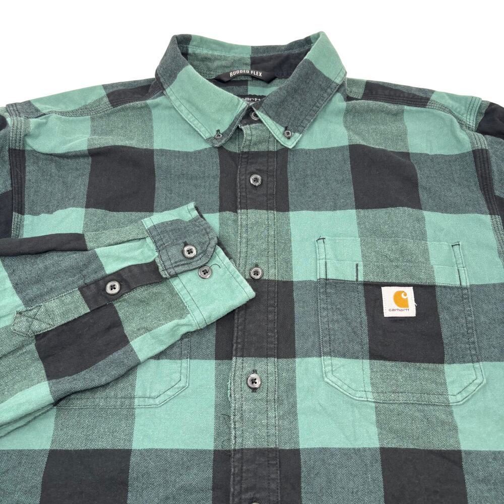 Carhartt Large Green‎ Black Plaid Check Button Up Long Sleeve Flannel Shirt